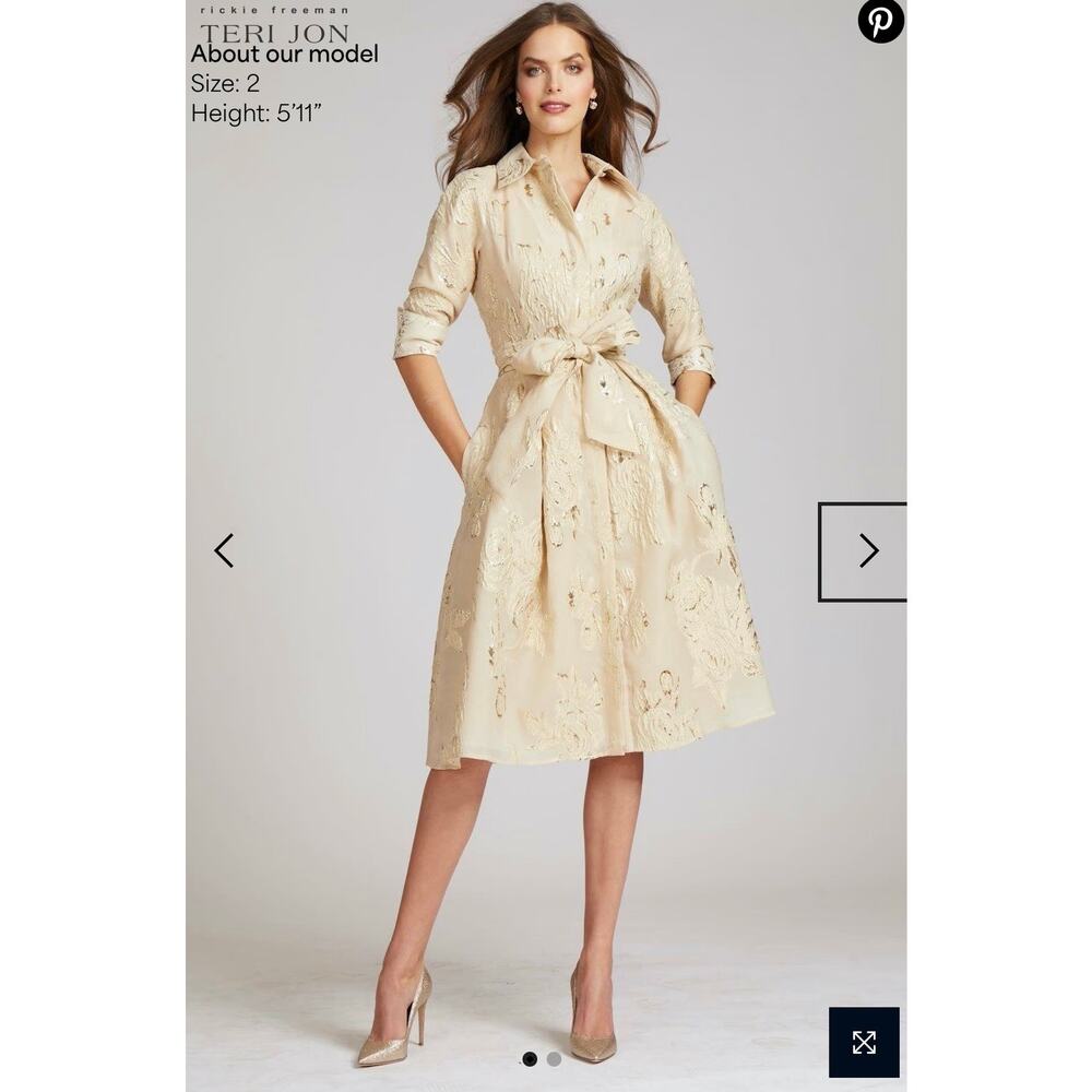Rickie Freeman Teri Jon Metallic Jacquard Shirt Dress Floral‎ Print Size S 4/6 - Picture 3 of 16